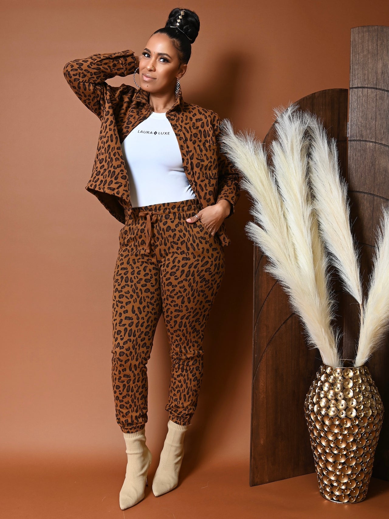 Leopard Modern Fleece Button Up Jogger Pant Set | Brown