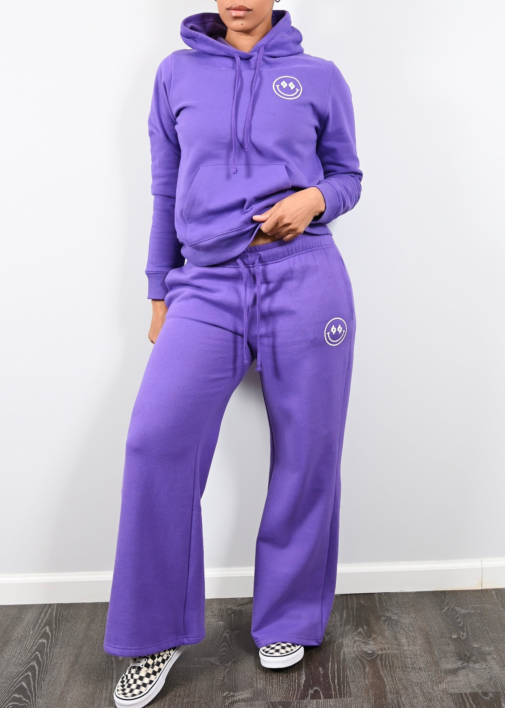 Exclusive Smiley Face Fleece Cargo Sweatsuit | Wisteria Purple