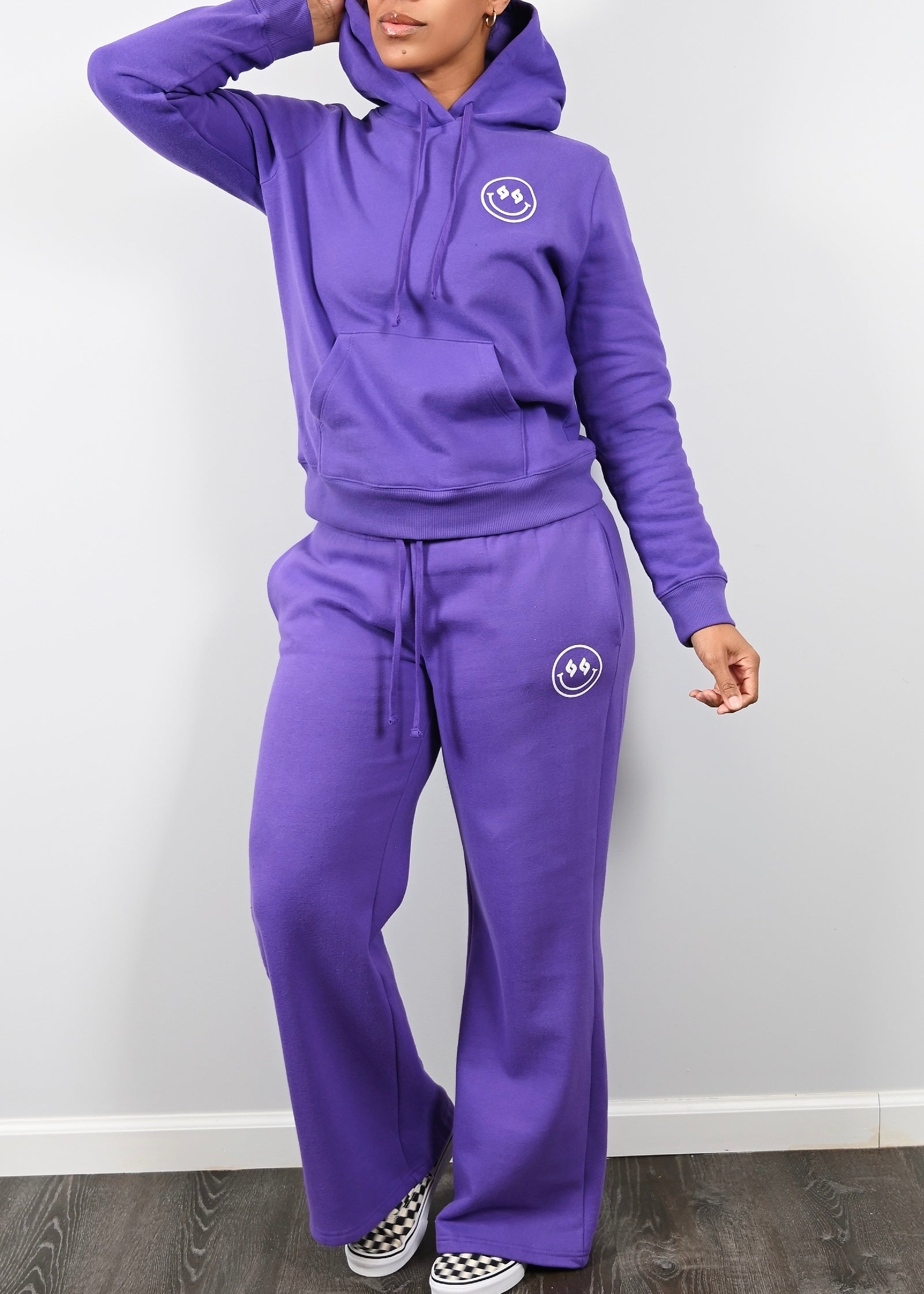 Exclusive Smiley Face Fleece Cargo Sweatsuit | Wisteria Purple