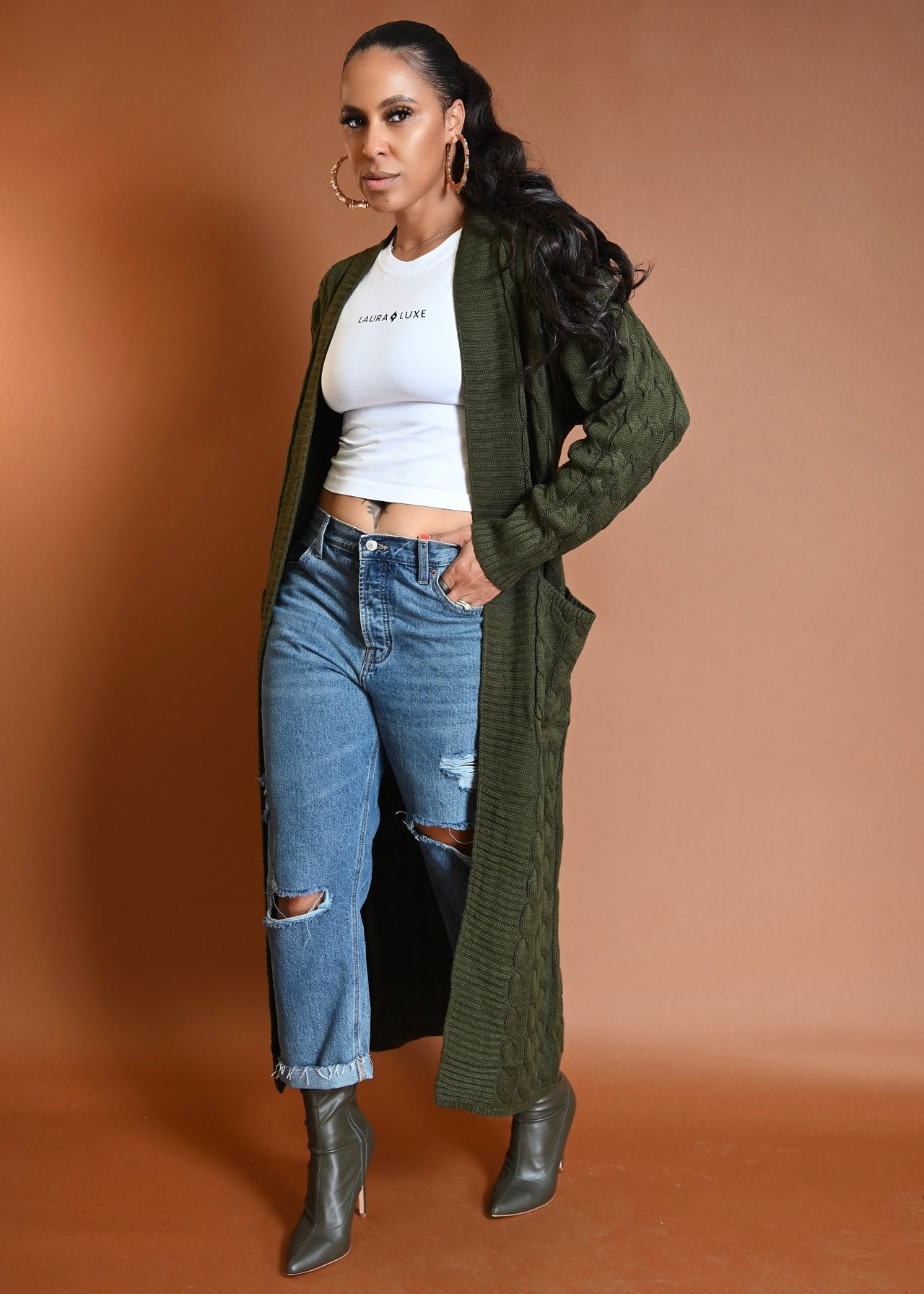 Chunky Longline Cable Knit Cardigan Duster | Olive