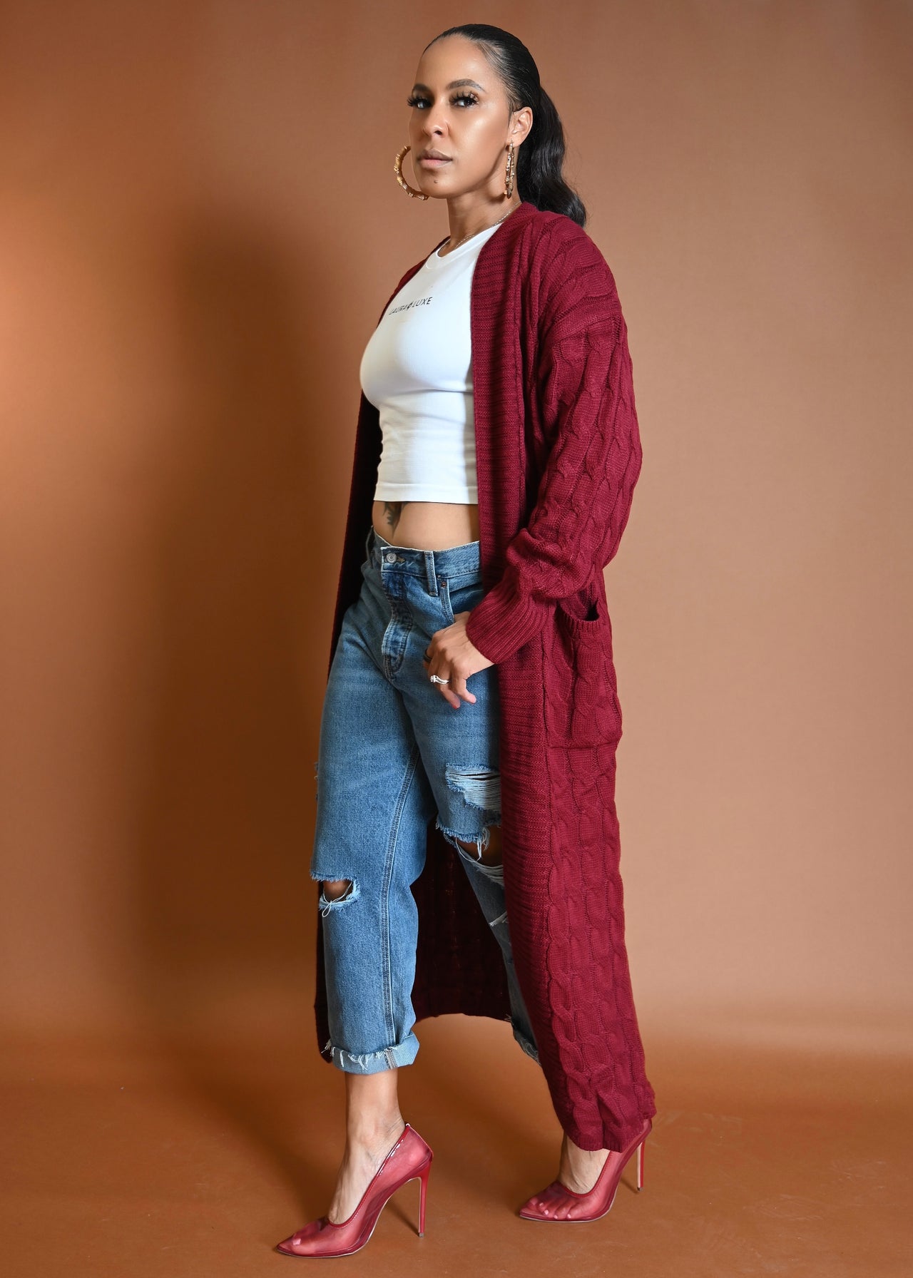 Chunky Longline Cable Knit Cardigan Duster | Wine