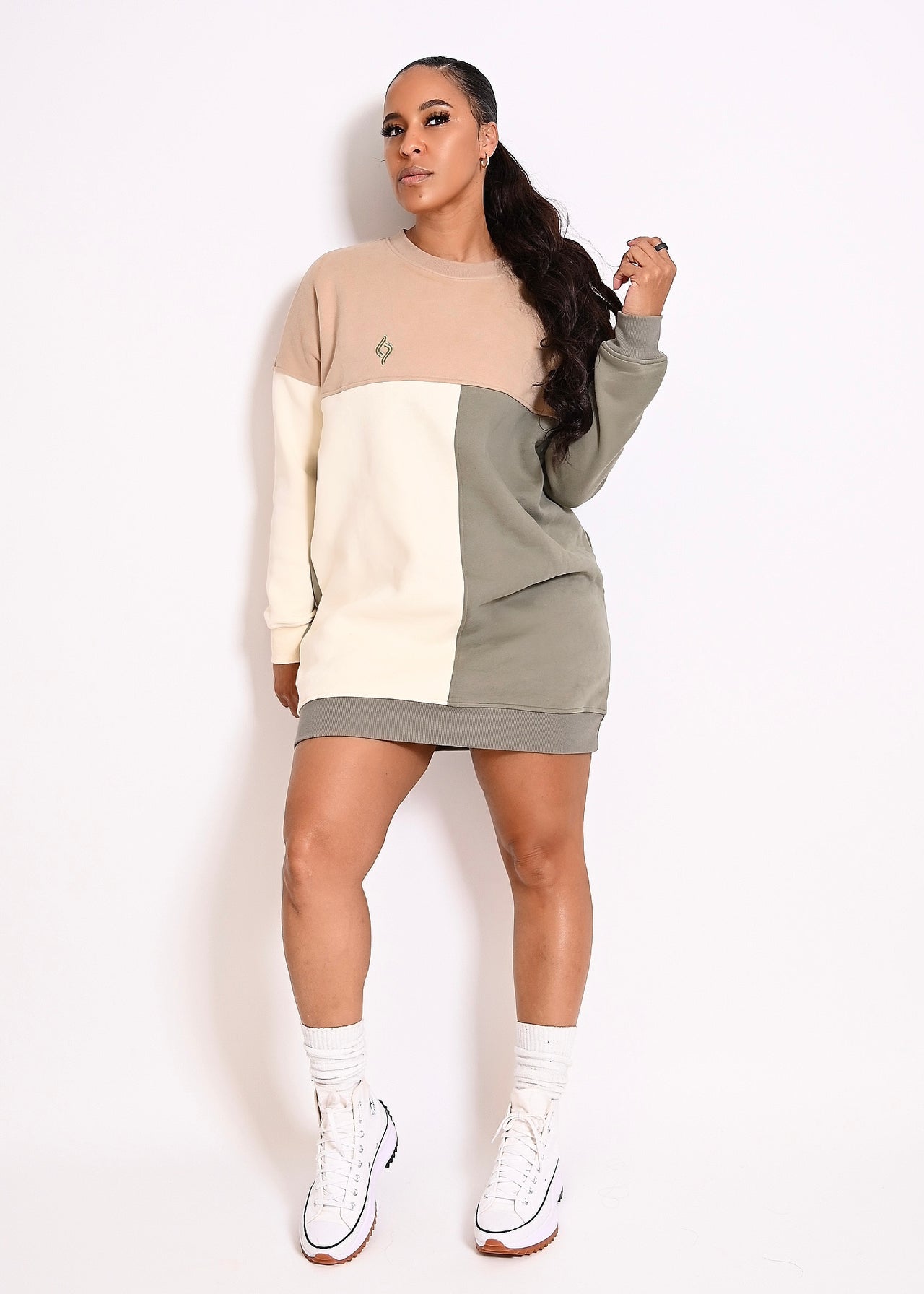 Cozy Suite Color Block Heavy Crew Neck Sweater Dress