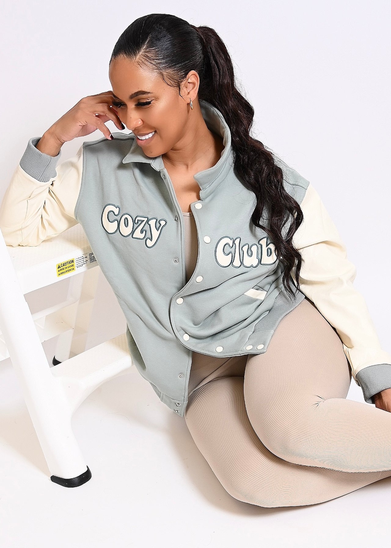 Cozy Club Vintage Varsity Vegan Leather Jacket | Sage