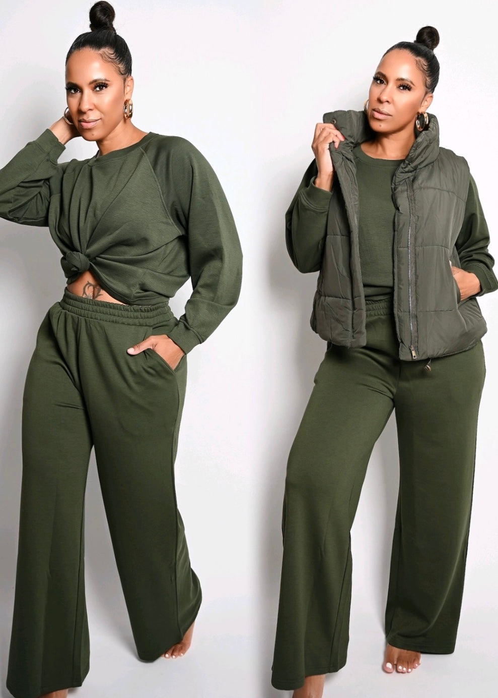 Scuba Soft Crew Neck Wide Leg Jogger Pant Set | Dk Olive