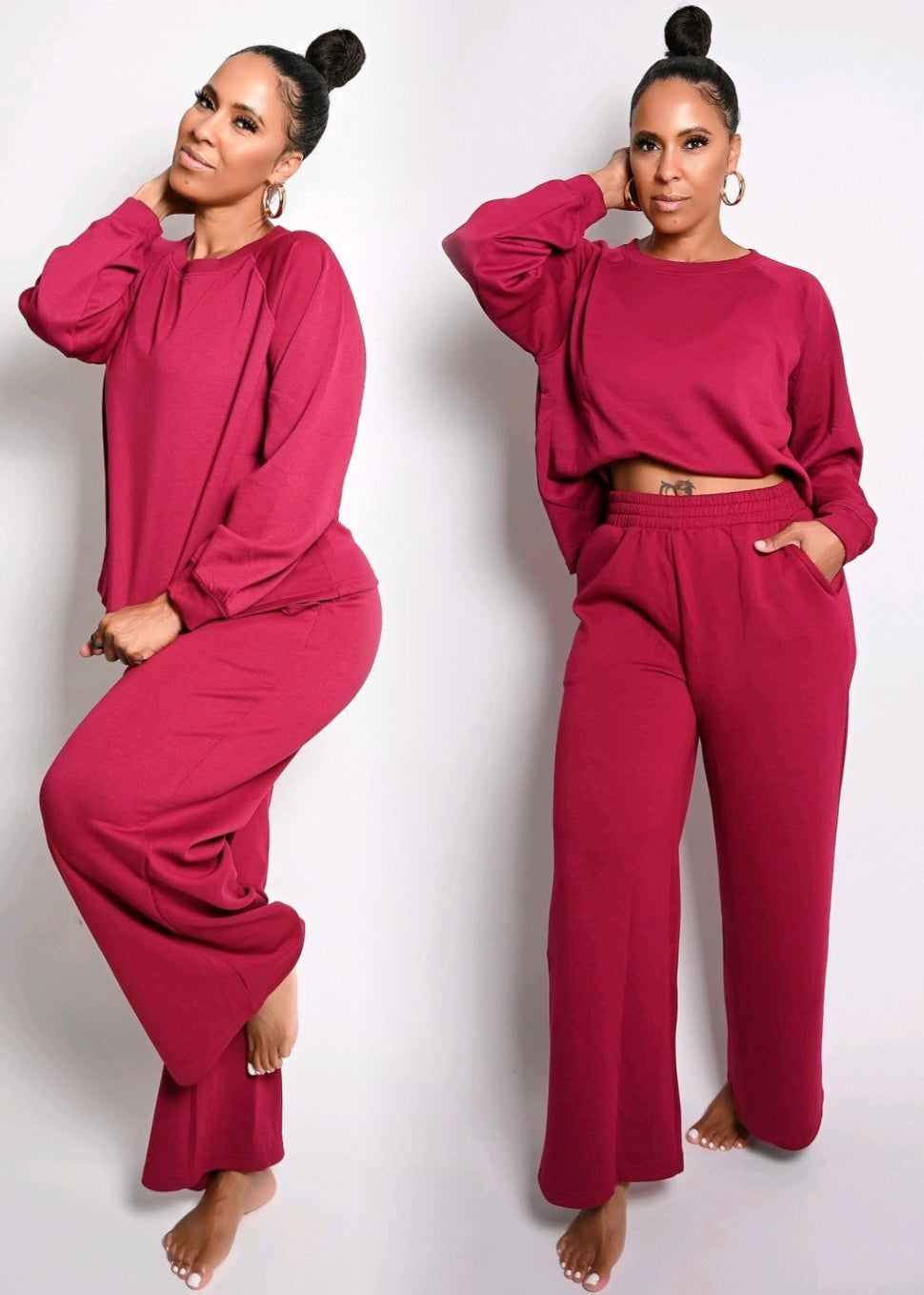 Scuba Soft Crew Neck Wide Leg Jogger Pant Set | Wine