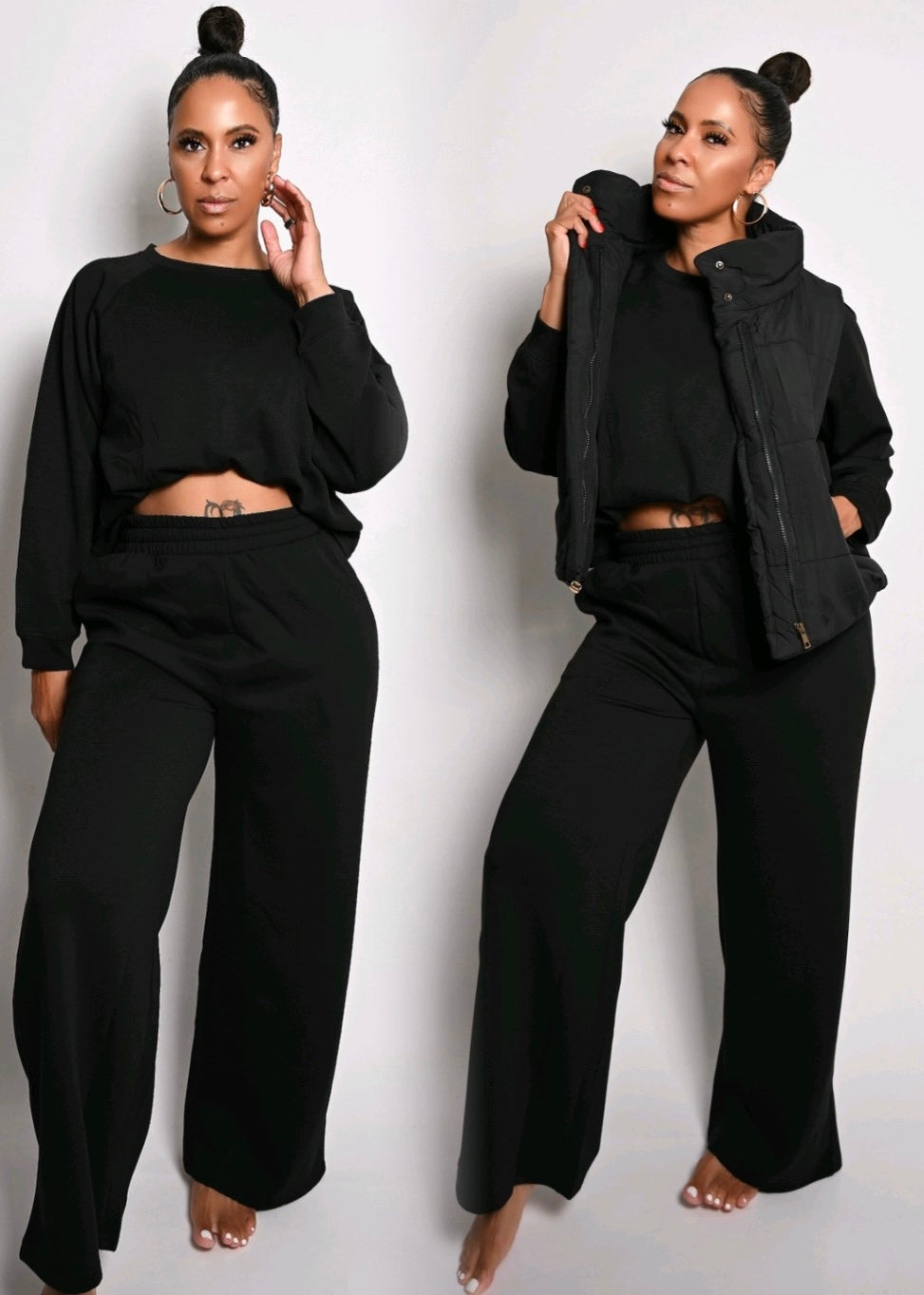 Scuba Soft Crew Neck Wide Leg Jogger Pant Set | Black