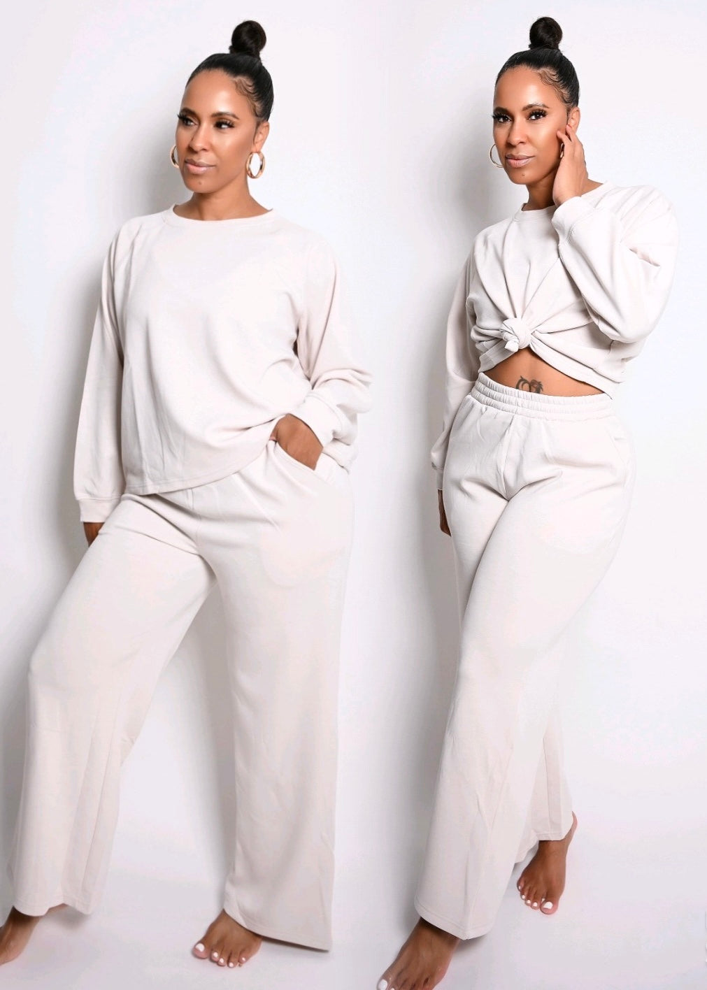 Scuba Soft Crew Neck Wide Leg Jogger Pant Set | Sand Beige