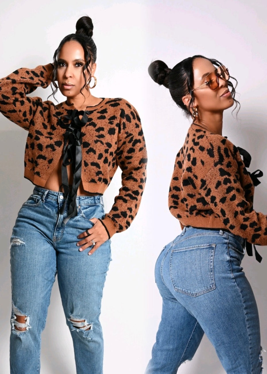 Leopard Print Soft Knit Open Front Ribbon Sweater