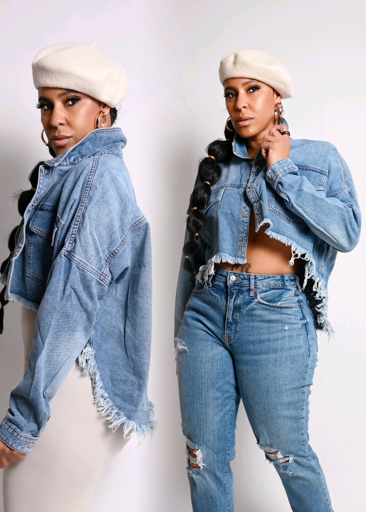 Weekend Girl Denim Hi Low Fringe Jacket