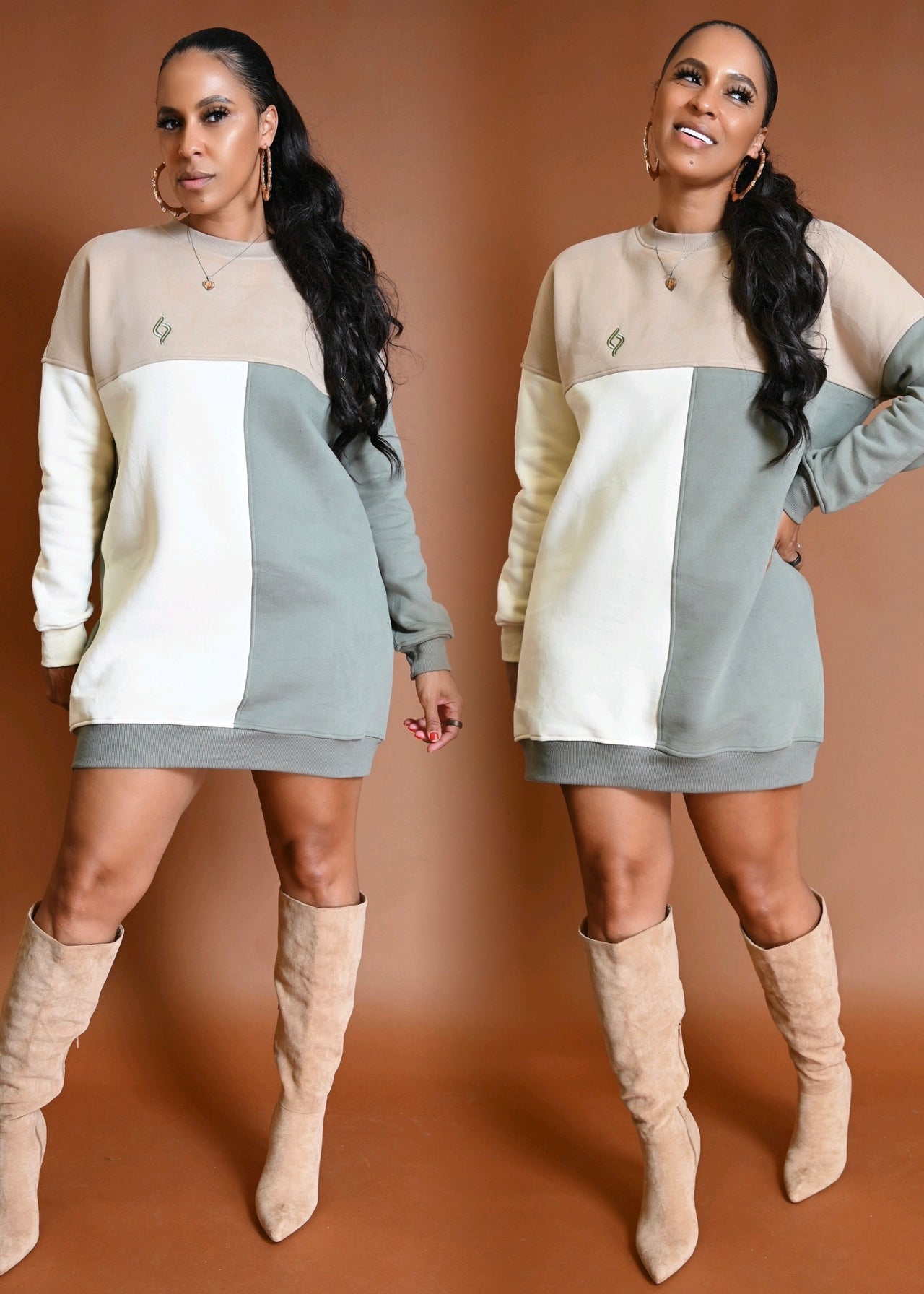 Cozy Suite Color Block Heavy Crew Neck Sweater Dress