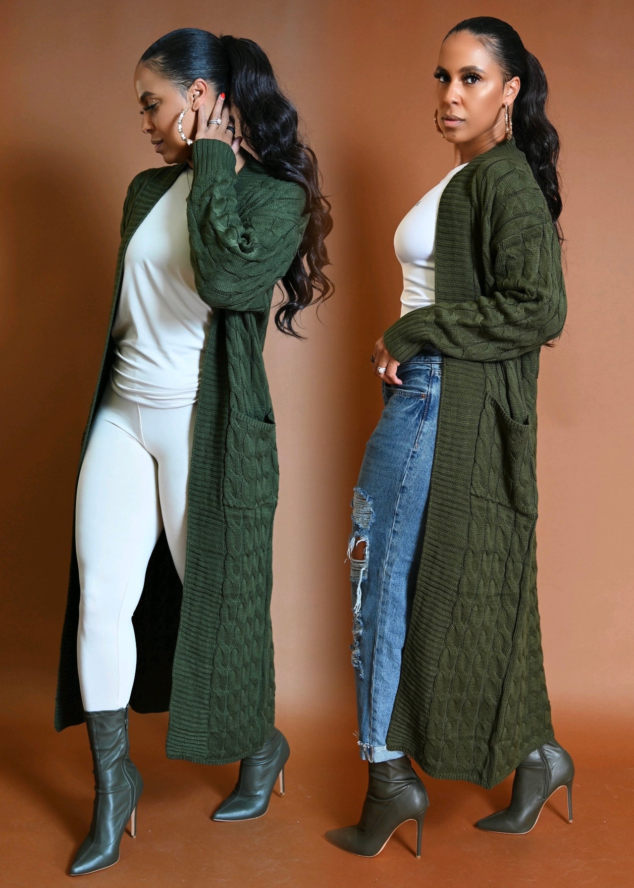 Chunky Longline Cable Knit Cardigan Duster | Olive