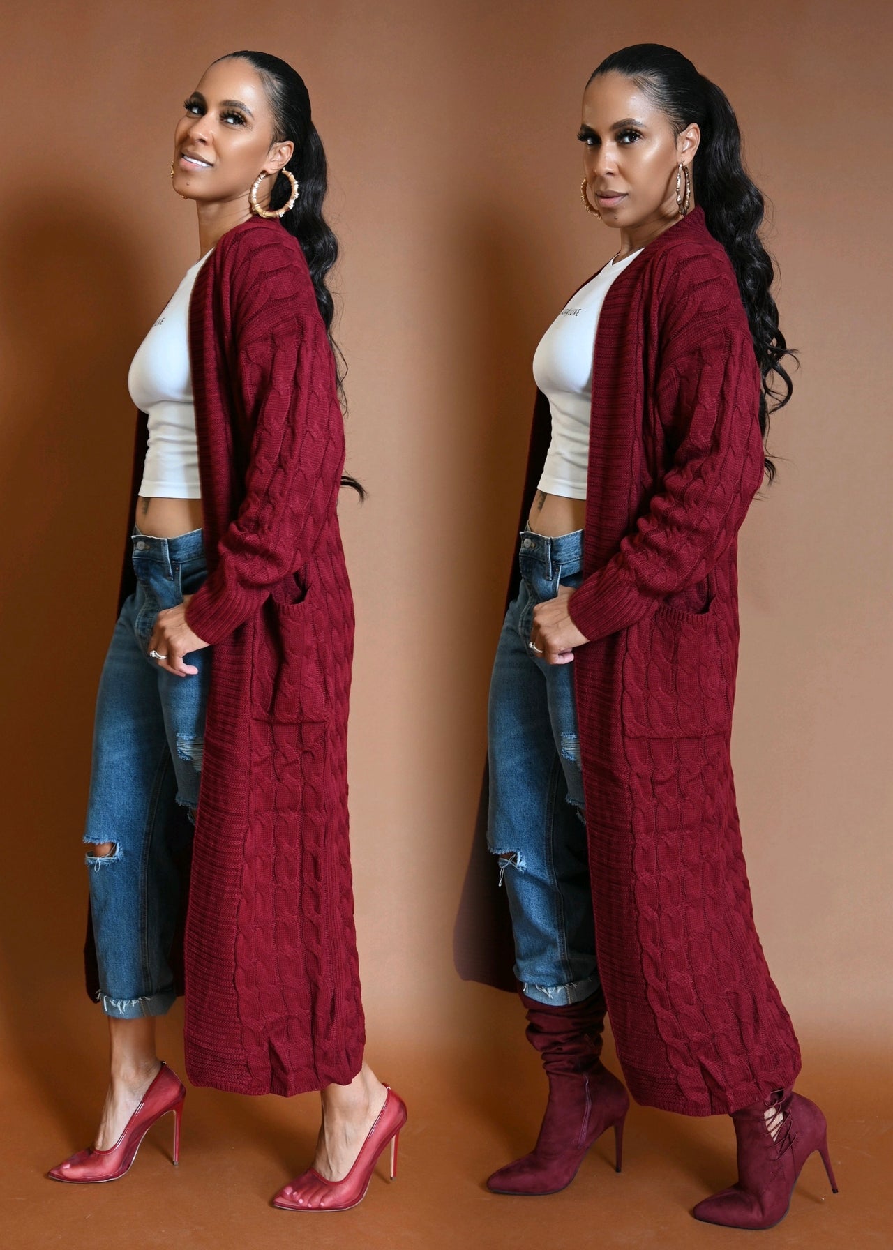 Chunky Longline Cable Knit Cardigan Duster | Wine