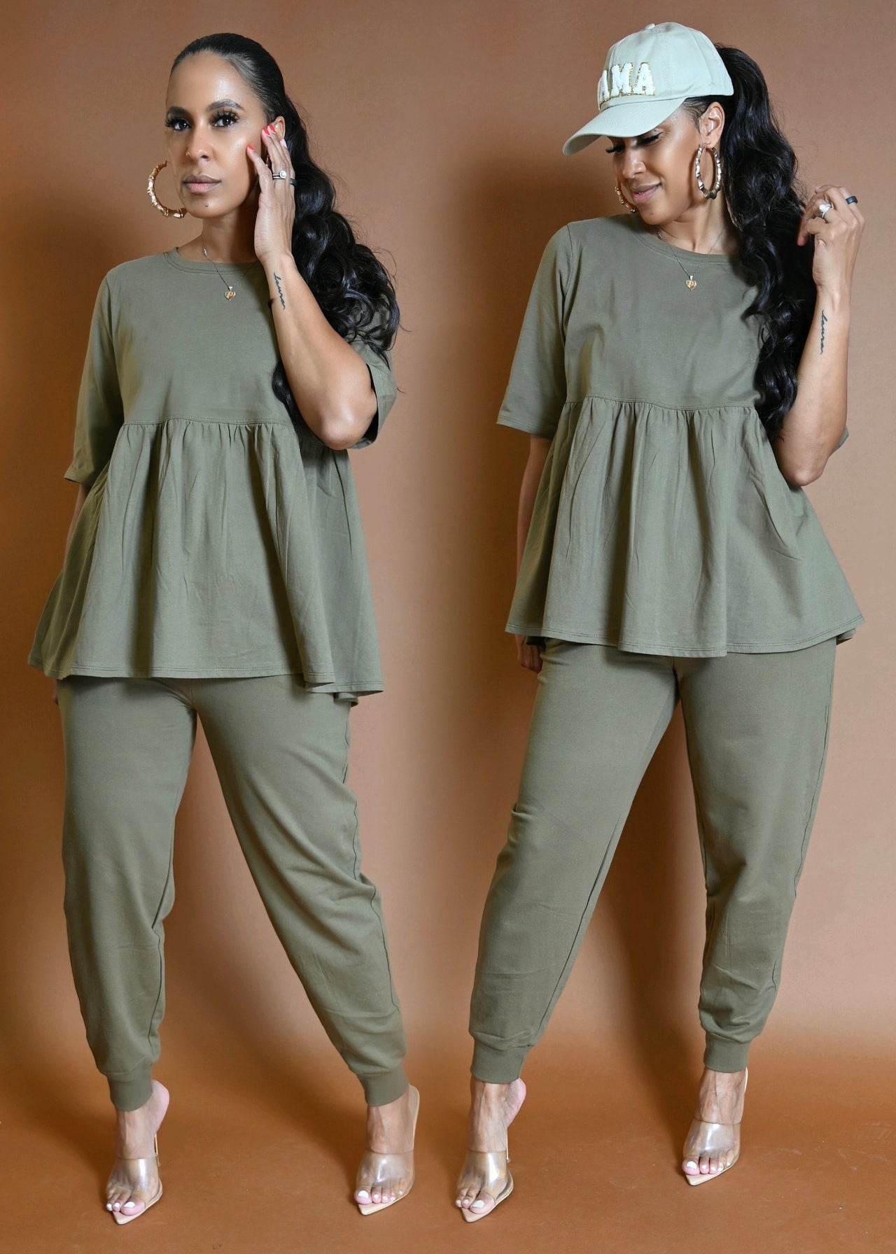 Fun & Flowy Cotton Baby Doll Jogger Pant Set | Olive