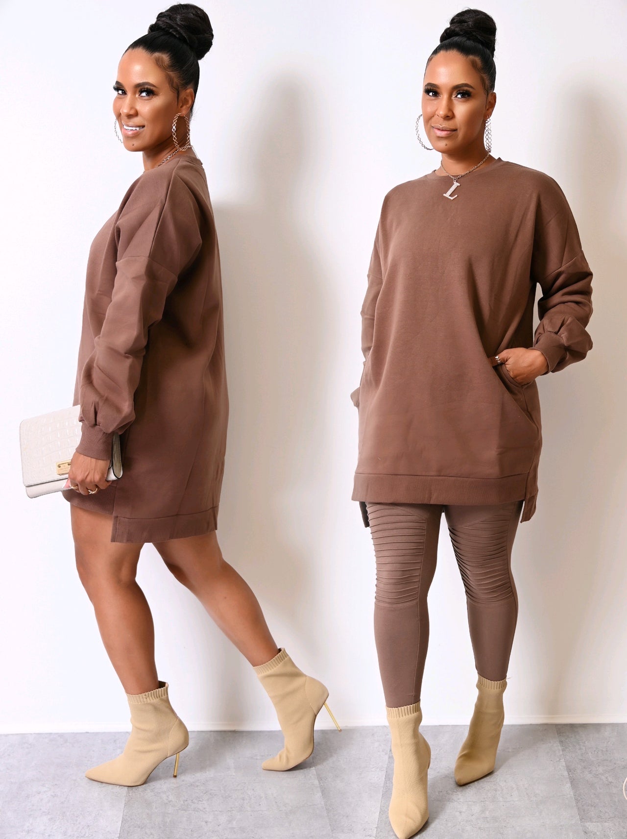 Longline Hi Low Sweatshirt Dress & Motto Legging Set | Mocha