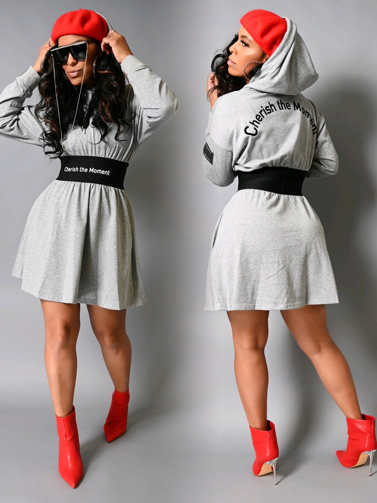 Cherish The Moment French Terry Cotton Hoodie Dress | Grey