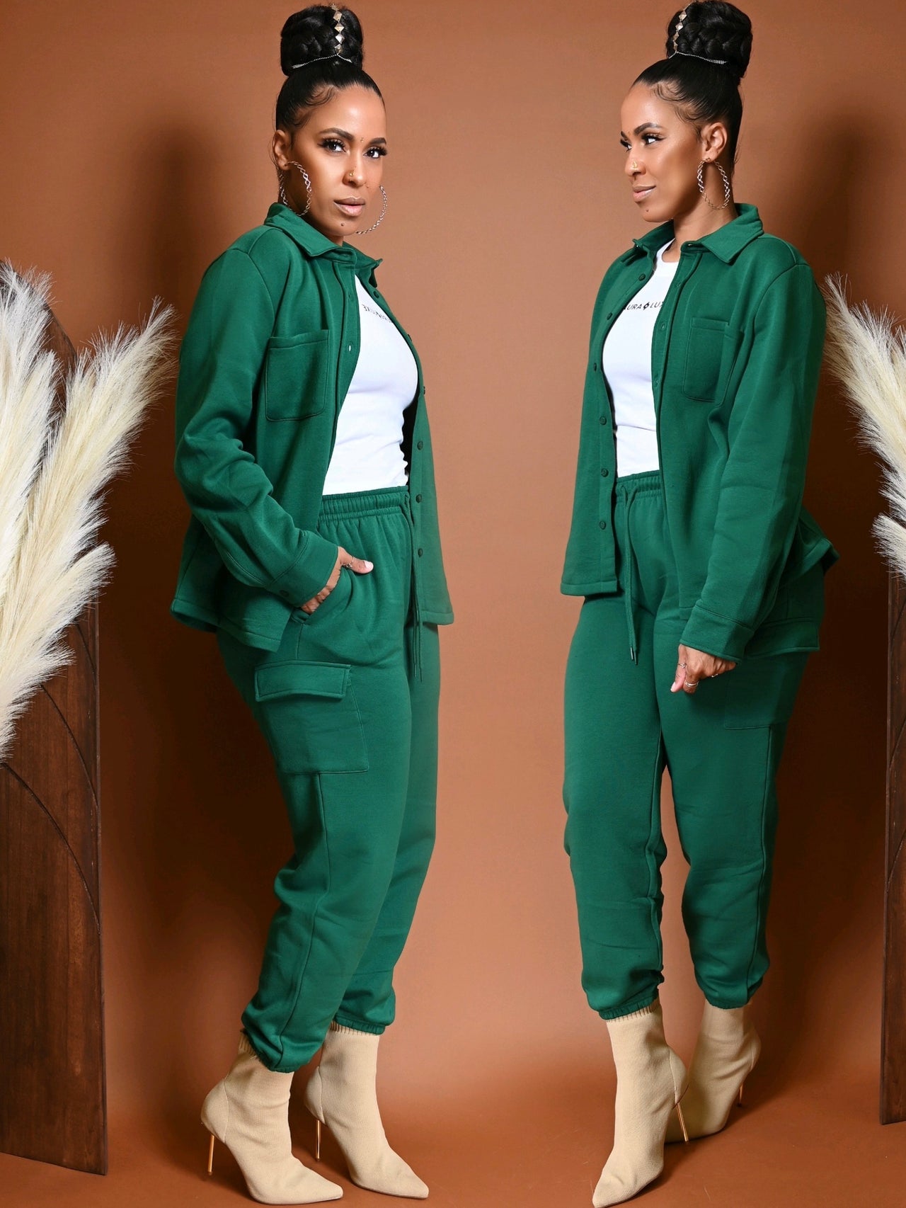 Modern Fleece Button Up Cargo Pant Set | Green