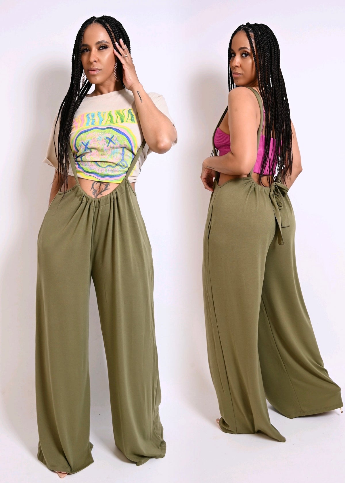 Summer Bliss Overalls Flowy Wide Leg Jumpsuit | Olive Green