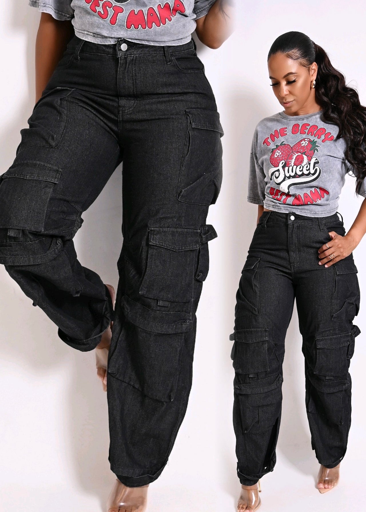 Chic Cargo Baggy Denim High Waist Jeans | Black