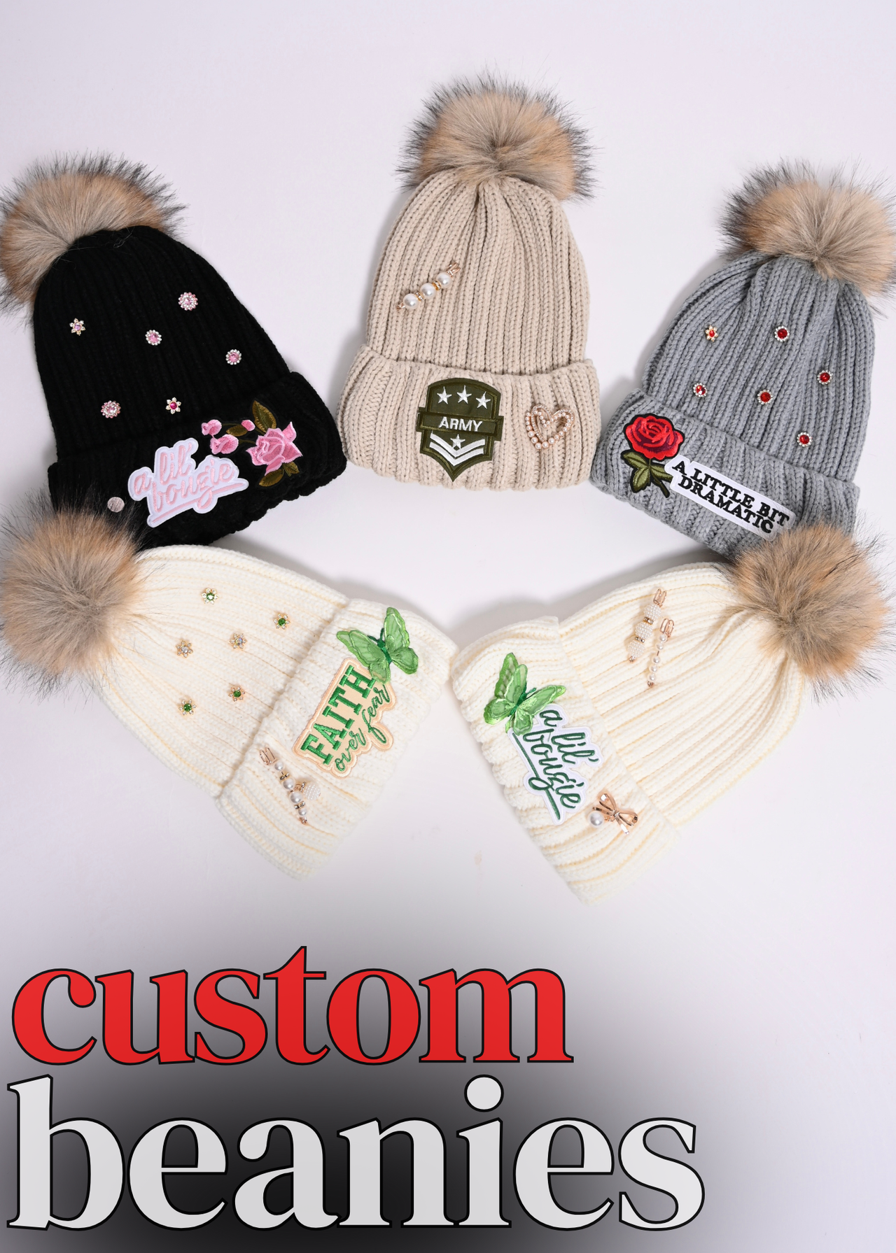 Custom Jeweled Junk Patch Beanie Hats | 5 Designs